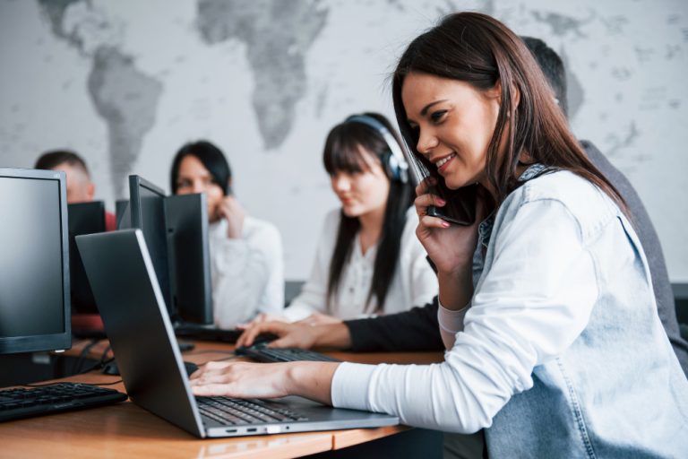Young people working call center new deals is coming